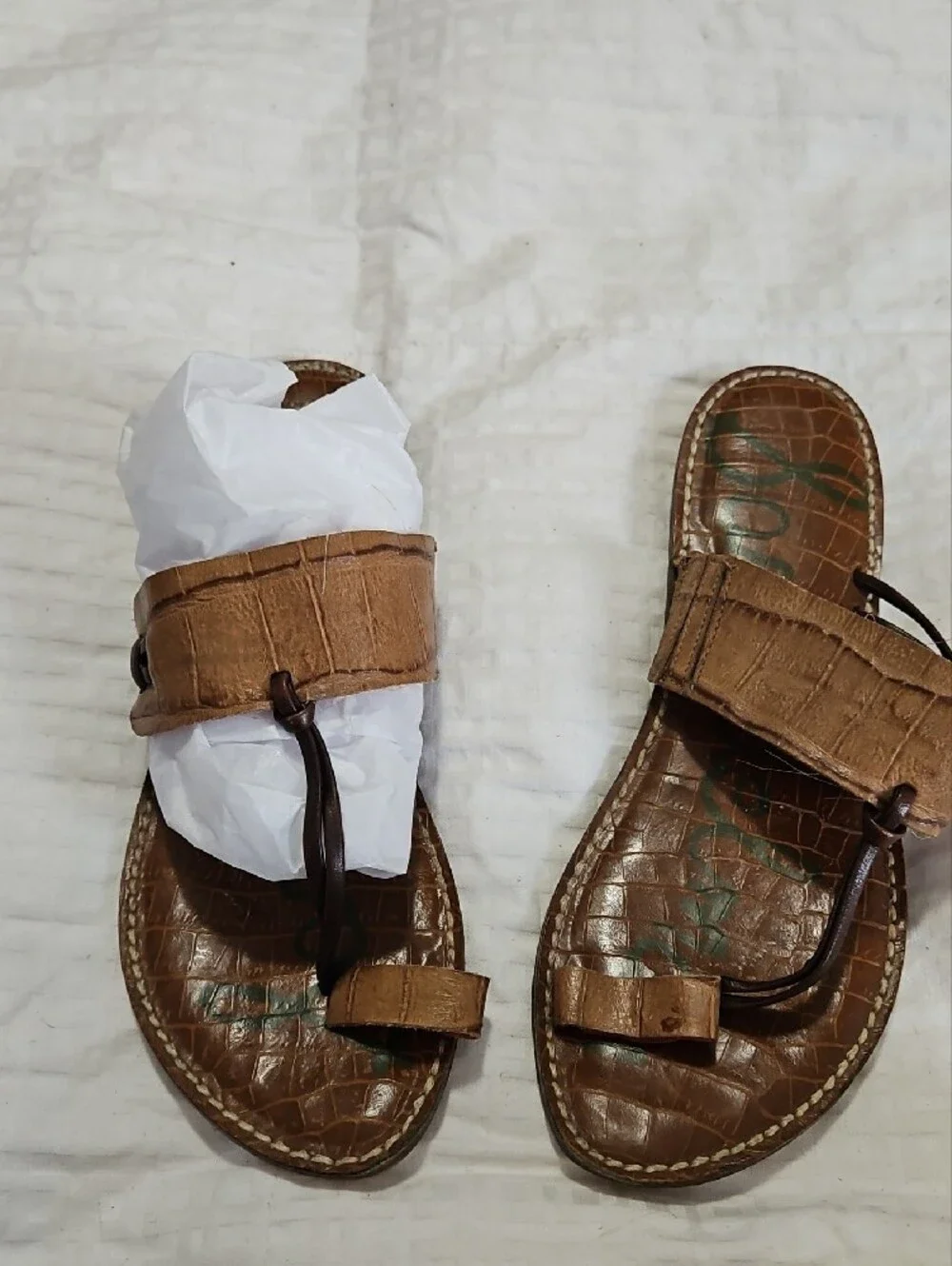 Sam Edelman Tan Croc-Embossed Leather Slide Sandals with Red Accents
